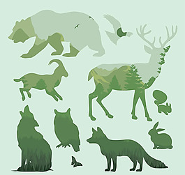 森林动物叠影矢量素材下载