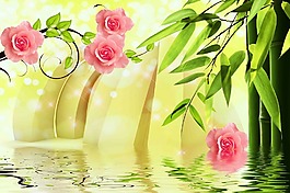 3D玫瑰花竹子背景墙