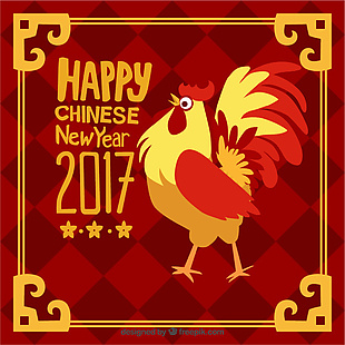 有金框和公鸡的手绘中国新年背景