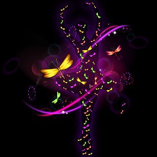 彩色蝴蝶舞蹈的女孩光圈光线高光背景素材
