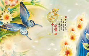 花朵蝴蝶玉雕背景墙图片