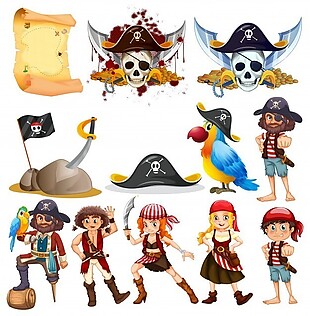 不同海盗角色与海盗符号插画