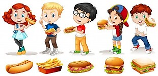 男孩和女孩吃快餐的插图