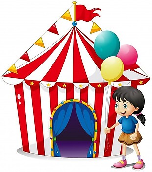 白色背景下马戏团帐篷前的气球插图
