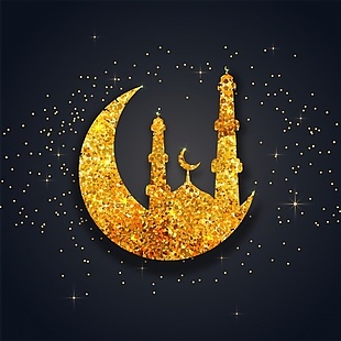 梦幻般的背景，清真寺和月亮闪闪发光。