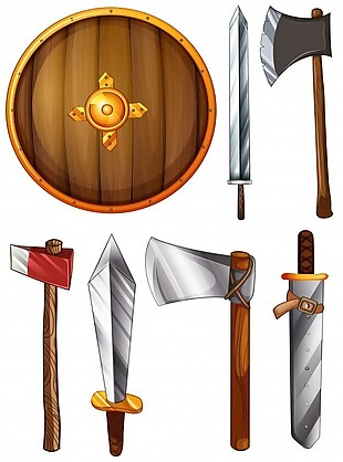 白色背景下盾、剑、斧的插图