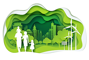 绿色生态城市和家庭剪影矢量