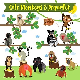 可爱的猴子的动物卡通卡通形象矢量素材