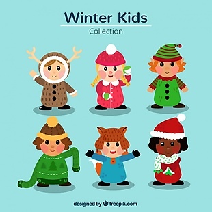 一群漂亮的冬天和圣诞衣服的孩子