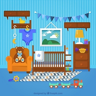 奇妙的婴儿房，木制家具和蓝色的墙壁