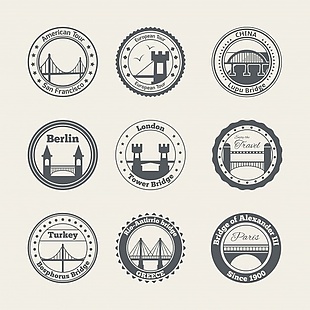 一套不同城市的圆形装饰徽章
