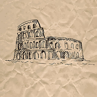 罗马竞技场褶皱纸张手绘速写欧洲建筑矢量