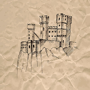 城堡悬崖褶皱纸张手绘速写欧洲建筑矢量