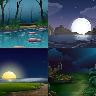 森林与湖泊的四个夜景