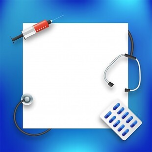 带听诊器、注射器和胶囊的空白白纸，有医学背景的空白文本。