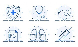 急救、听诊器、心电图、肺部及注射器用医用标志平面图。
