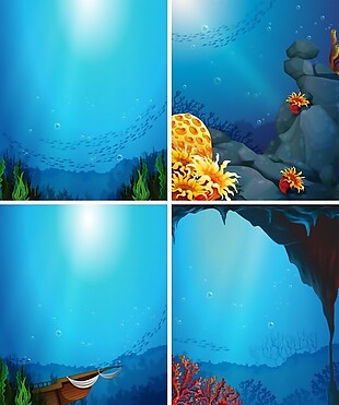 四个鱼礁和珊瑚礁的水下场景