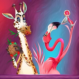 长颈鹿和火烈鸟的彩色插图