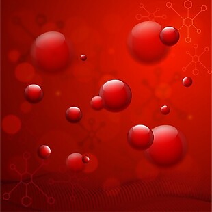 红色背景：有光泽的气泡、分子和DNA结构，用于健康和医疗概念。