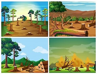 四幅森林砍伐和野火图