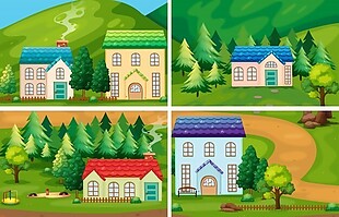 农村四幢不同房屋的插图