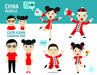 中国娃娃Q版人物形象设计矢量