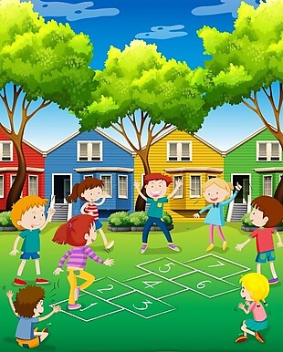 院子里的孩子玩跳房子游戏说明