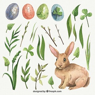 复活节的手绘叶子和可爱的兔子