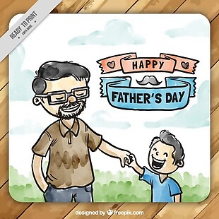 手绘水彩父亲与他的儿子卡