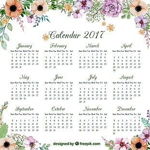 2017月历与花卉水彩装饰
