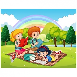 孩子们在公园里读书。