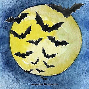 水彩月亮和蝙蝠