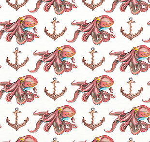 水彩绘章鱼和船锚无缝背景矢量