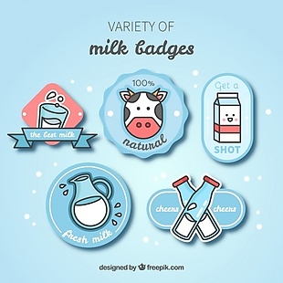 在平面设计中设置五个牛奶徽章