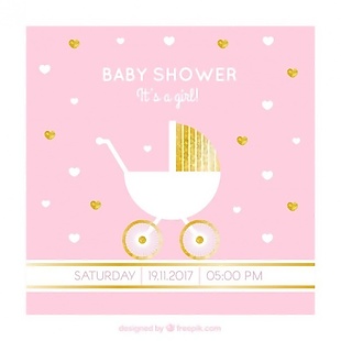 婴儿推车和黄金细节淋浴卡