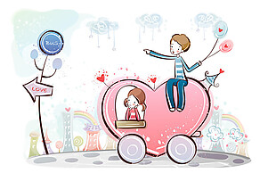 卡通爱心车上的情侣背景图