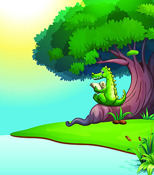 卡通鳄鱼坐在树上看书矢量素材