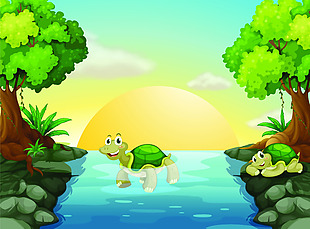 在游泳的乌龟矢量风景插画