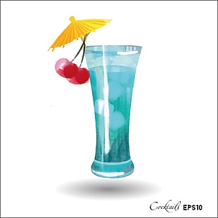 蓝色果汁樱桃海报手绘水彩矢量图设计素材