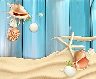 蓝色木头背景沙滩海星矢量素材