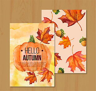 彩绘秋季南瓜橡子和落叶卡片矢量图