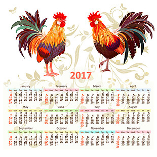 2017年彩绘公鸡年历矢量素材