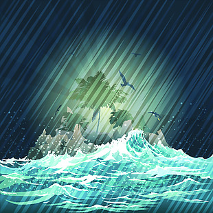 下雨天的海水海浪矢量插画