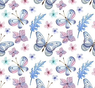 素色蝴蝶和花卉无缝背景矢量