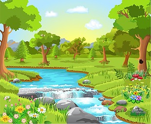 春天的小河风景插画