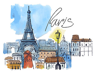 水彩绘巴黎建筑插画