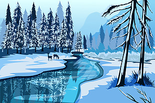 冬天森林里的风景插画