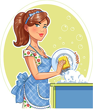 做家务洗碗的美女插画