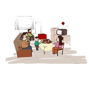 手绘家庭看电视元素