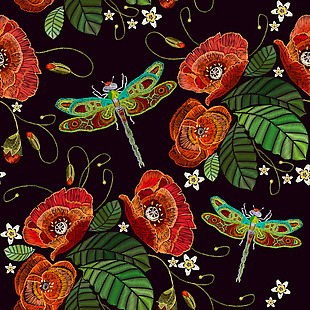 刺绣花朵和蜻蜓背景
